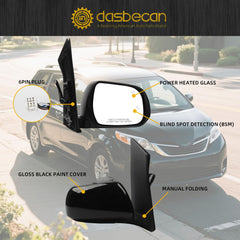 Passenger Side Mirror Compatible With 2013-2017 Toyota Sienna with Manual Folding Blind Spot Detection Power Heated Glass Gloss Black Cover Replace#TO1321301 8791008113(6pins)