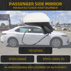 Passenger Side Door Mirror Compatible with Toyota Camry 2018-2022 Power Adjustment Manual Fold Non-Heated Painted White Right Rearview Mirror Assembly Replace TO1321366 87910-06800 3Pins