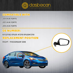 Right Passenger Side Mirror Compatible With 2014 2015 2016 Kia Forte Rear view Mirror DIY Paintable With Signal Light Heated,Power Glass Replace#KI1321182(6 Pins)