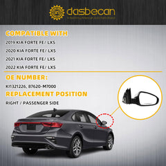 Passenger Side Mirror DIY Paintable Compatible with 2019-2024 KIA Forte Right Rearview Mirror With Power Adjustment Manual Folding Replaces# 87620M7000 KI1321226 (3Pins)