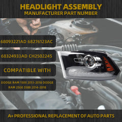 OE Projector Halogen Headlights w/LED Signal DRL Compatible With Dodge Ram 1500 2500 3500 2013-2018 Left Driver Side Headlamp assembly Black Housing Amber Reflector w/Bulbs