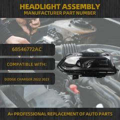 Halogen Headlight with LED DRL & Turn Signal Lights Compatible with Dodge Charger 2022 2023 Headlight Assembly Right Passenger Side Black Housing Clear Lens Replaces# 68546772AC