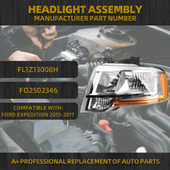 Halogen Headlamp Compatible With Ford Expedition 2015-2017 Left Driver Side Headlight Assembly Chrome Housing Replaces# FL1Z13008H FO2502346