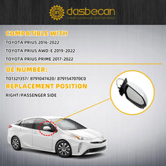 Right Passenger Side Mirror Compatible with 2016-2022 Toyota Prius with Power Heated Glass, Manual Folding, Blind Spot Light, White Paint Replace# TO1321357 (6Pins)