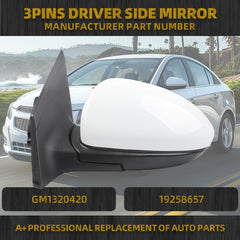 Left Driver Side Mirror Assembly Compatible with 2011-2016 Chevrolet Chevy Cruze Limited Non-Heated Power Glass Manual Folding Rear View Mirror White 3Pins GM1320420