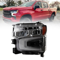 LED Headlight Assembly Left side Compatible With 2022-2026 Chevy Silverado 1500 LT/RST/LT Trail Boss Replaces# 85594431 85594433 85594435 85594439 Silver Chrome Bezel No Greeting Light