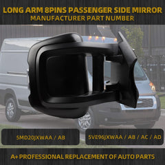 Passenger Right Side Mirror Replacement for Ram Promaster 1500 2500 3500 2014-2019 Heated Power Glass Manual Fold w/Turn Signal Light Long Arm 8 Pins 5VE96JXWAD