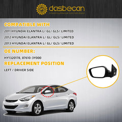 Left Side Mirror Compatible With 2011-2013 Hyundai Elantra DIY Paintable Door Mirror With Manual Folding/Heated/Power Adjustment/Turn Signal Replace# HY1320178, 87610-3Y000 (6Pin)