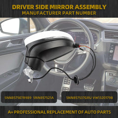 Left Driver Side Mirror Compatible with 2018-2023 Volkswagen Tiguan Gloss White Door Mirror with Power Heated Glass, Manual Folding, Turn Singal, Blind Spot Replace# VW1320179(8 pins)
