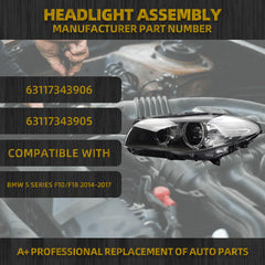 Xenon/HID Headlamp Without Drive module Compatible With 2014-2016 BMW 5 series F10 550i 535i 528i Left Driver Side Headlight (W/O AFS) Replaces# 63117343905 63117343906 (Not Plug and Play)