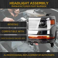 HID/Xenon Headlight Compatible with Chevy Silverado 1500 2016-2018/Chevy Silverado 1500 LD 2019 Left Driver Side Headlamp Chrome Housing Replaces# 84181562 84181563 W/o bulbs