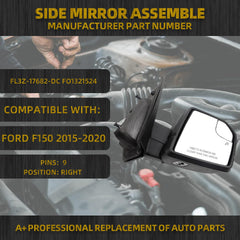Side Right Mirror Compatible with Ford F-150 2015 2016 2017 2018 Right Side FL3Z17683DC FO1320524 9 Pins Power Heated LED Turn Signal