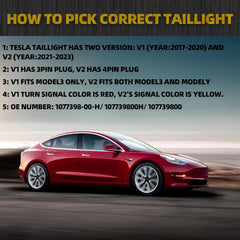 3Pin Passenger Side Rear Tail Light Compatible With 2017-2023 Tesla Model 3 Outer Right Side Brake LED Tail Lamp Replaces# 1077398-00-G 1077398 (Red Signal)
