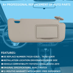 Gray Pair Sun Visor Compatible with Toyota Corolla 2014 2015 2016 2017 2018 Replaces# 74320-02B21 74310-02K91
