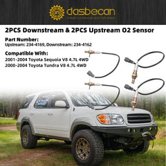 4Pcs Upstream and Downstream Oxygen O2 Sensor Compatible with Toyota Sequoia 2001-2004 Tundra 2000-2002 V8 4.7L 4WD Replaces 234-4169 234-4162