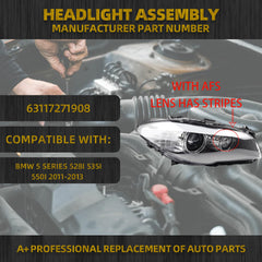 HID/Xenon w/AFS Type Headlight Compatible With 2011-2013 BMW 5 Series 528i 535i 550i M5 Right Passenger Side Housing Chrome Clear Headlight Assembly Replaces# 63117271908