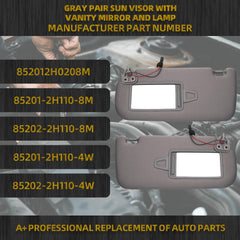 Left Driver & Right Passenger Side Sun Visor Sun Shade with Light | Makeup Mirror | Compatible with Hyundai Elantra 2007 2008 2009 2010 Replace# 852012H0208M(Gray)