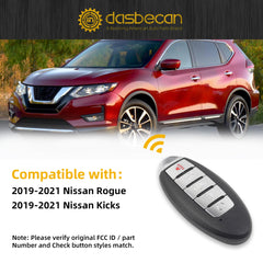 Key Fob Replacement Compatible with Nissan Rogue Kicks 2019 2020 2021 Smart Proximity Keyless Entry Remote Control Replaces KR5TXN4 285E3-6RR7A 4A Chip 433.92Mhz 5 Buttons