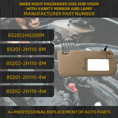 Right Passenger Side Sun Visor with Light |Makeup Mirror| Compatible with Hyundai Elantra 2007-2010 Replace# 852012H0208M 85201-2H110-8M 85202-2H110-8M 85201-2H110-4W 85202-2H110-4W(Beige)