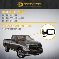 Passenger Side Mirror Compatible with 2014-2018 Ram 1500,2019-2022 Ram 1500 Classic Right Mirror With Heated Manual Folding Power Glass Replaces 68147862AQ CH1321354
