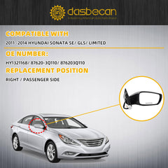 7pins Right Side Mirror Compatible With 2011-2014 Hyundai Sonata Passenger Side Door Mirror With Manual Folding, Heated, Power Glass, Turn Signal Replaces# HY1321168 87620-3Q110 White