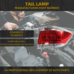 Right Tail Lamp Compatible with Toyota Highlander 2011 2012 2013 Replaces OEM# 815500E070 TO2801185 RH 815600E070 LH Back Light