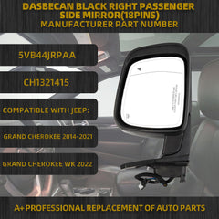Right Passenger Side Mirror Compatible with Jeep Grand Cherokee 2014-2021 WK 2022 Power Folding/Heated/Turn Signal/Memory/Blind Spot/Puddle Light Black Replaces# 5VB44JRPAA(18Pins)