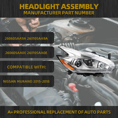 Halogen Headlight Compatible With Nissan Murano 2015-2018 Chrome LED DRL Projector Headlamp Assembly Right Passenger Side Replaces# 260605AA9A 260105AA9A 260605AA0E 260105AA0E