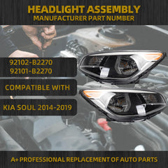 Halogen Headlight Compatible With Kia Soul 2014-2019 Left+Right Side Headlights Assembly Chrome Housing Replaces# 92101B2270 92102B2270 KI2502167 KI2503167(W/O Bulbs)