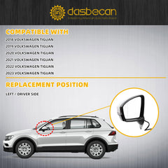 Left Driver Side Mirror Compatible with 2018-2023 Volkswagen Tiguan Gloss White Door Mirror with Power Heated Glass, Manual Folding, Turn Singal, Blind Spot Replace# VW1320179(8 pins)
