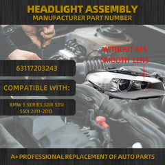 HID/Xenon W/O AFS Headlight Compatible With 2011-2013 BMW 5 Series 528i 535i 550i Right Passenger Side Housing Chrome Clear Headlight Assembly Replaces# 63117203243