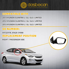 Right Side Mirror Compatible With 2011-2013 Hyundai Elantra DIY Paintable Door Mirror With Manual Folding/Heated/Power Adjustment/Turn Signal Replace# HY1321178, 87620-3Y000 (6Pin)