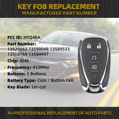 Key Fob Replacement Compatible with Chevy Malibu Camaro 2016-2021 Cruze 2016-2019 Smart Proximity Keyless Entry Remote Replaces HYQ4EA 13529662 433MHz ID46 Chip 5 Buttons