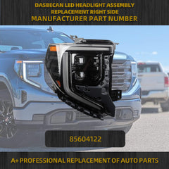 85604122 Passenger side LED Headlights Assembly w/bulbs Compatible With 2022 2023 2024 GMC Sierra 1500 LED Headlamp Turn Signal