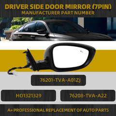 Right Passenger Side Door Mirror Compatible with Honda Accord Sport Hybrid EX 2018-2022 Power | Heated | Blind Spot Detection | 76208-TVA-A22, HO1321329, Side View Mirror (7Pins-Black)