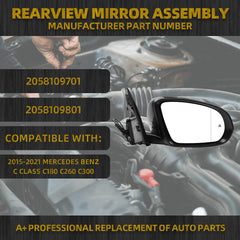 Right Passenger Side Mirror Compatible with Benz C-Class 2015-2021 With Electrical Folding/Blind Spot/Heated/LED Turning Signal Light/Memory/Puddle Lights Replaces 2058109701 2058109801