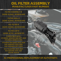 263003LAA0 Oil Filter Complete Assy Kit Compatible with Hyundai G80 2017-2020 Genesis 2016 Palisade 2020-2024 Sorento 2019-2020 OE# 26345-3CKB0