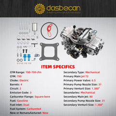 Quick Fuel BR-67213 750 CFM Carburettor 4-Barrel Double-Pumper Carb with Electric Choke, Compatible with Holley, Edelbrock, Carter AFB, and Autolite style Carburetors