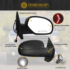 Right Side Mirror Compatible with 2007-2013 Chevy Silverado,GMC Sierra,Yukon with Power Glass, Heated, Manual folding, Arrow Turn Signal, Puddle Light, Matte Black Rear View Mirror (9pins)