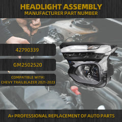 Halogen Headlight W/LED DRL Compatible With Chevy Traiblazer 2021-2023 Left Driver Side Headlamp Assembly Black Housing Replaces# 42790339 GM2502520
