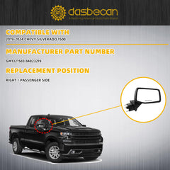 Passenger Side Mirror Compatible with 2019-2024 Chevy Silverado 1500 Right Mirror with Power Heated/Temperature Sensor/Manual Folding Black Replace#GM1321583 (7 Pins)