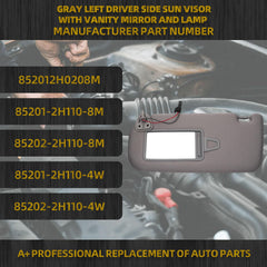 Left Driver Side Sun Visor with Vanity Light |Makeup Mirror| Compatible with Hyundai Elantra 2007-2010 Replace# 852012H0208M 85201-2H110-8M 85202-2H110-8M 85201-2H110-4W 85202-2H110-4W (Gray)