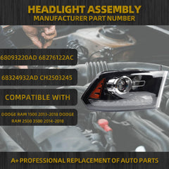 OE Projector Halogen Headlights w/LED Signal DRL Compatible With Dodge Ram 1500 2500 3500 2013-2018 Right Passenger Side Headlamp assembly Black Housing Amber Reflector w/Bulbs