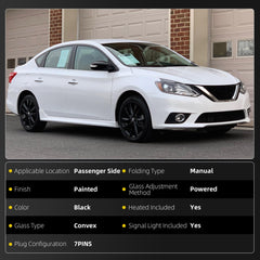 Passenger Side Mirror Assembly Compatible with Nissan Sentra 2013-2019 | Heated | Turn Signal Light | Manual Fold | Power Glass Black Right Mirror Replaces NI1321237(7Pins)