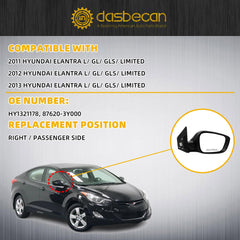 Right Passenger Side Mirror Compatible With 2011-2013 Hyundai Elantra Rear view Mirror Black With Manual Folding/Heated/Power Adjustment/Turn Signal Replace# HY1321178 (6Pin)