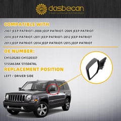 Left Driver Side Mirror Compatible with 2007-2015 Jeep Patriot with Power Heated Glass, Manual Folding, Black Textured Cover Replace# CH1320283 CH1320337 5155463AK 5115047AL(5 Pins)