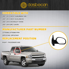 Passenger Side Mirror Compatible with 2007-2013 Chevy Silverado,GMC Sierra Yukon Right Mirror w/Power Glass, Heated, Manual Folding, Chrome Cover Replace# GM1321340 (7pins)