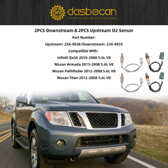 Oxygen O2 Sensor 234-9038&234-4835 2PCS Downstream & 2PCS Upstream Compatible with Infiniti Qx56 2008-2010;Nissan Armada 2008-2013 5.6L V8;Pathfinder 2008-2012 5.6L V8;Titan 2008-2012 5.6L V8