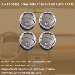 Dashboard Air Conditioning AC Heater Vent 4pcs Compatible with Ford F150 2004-2008 Replaces # 8L3Z-19893-BA 8L3Z19893BA Chrome Silver