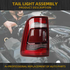 Left Driver Side Tail Light Assembly Rear Lamp LED Compatible With Dodge Ram 1500 2019 2020 2021 2022 2023 without blind spot (Red Cover)